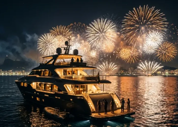 Iate ancorado no mar à noite com queima de fogos de réveillon iluminando o céu ao fundo