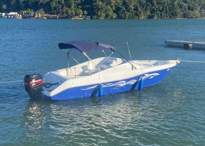 Lancha Alternativa 22 ancorada em Angra dos Reis, com casco azul e branco e morro coberto de mata ao fundo